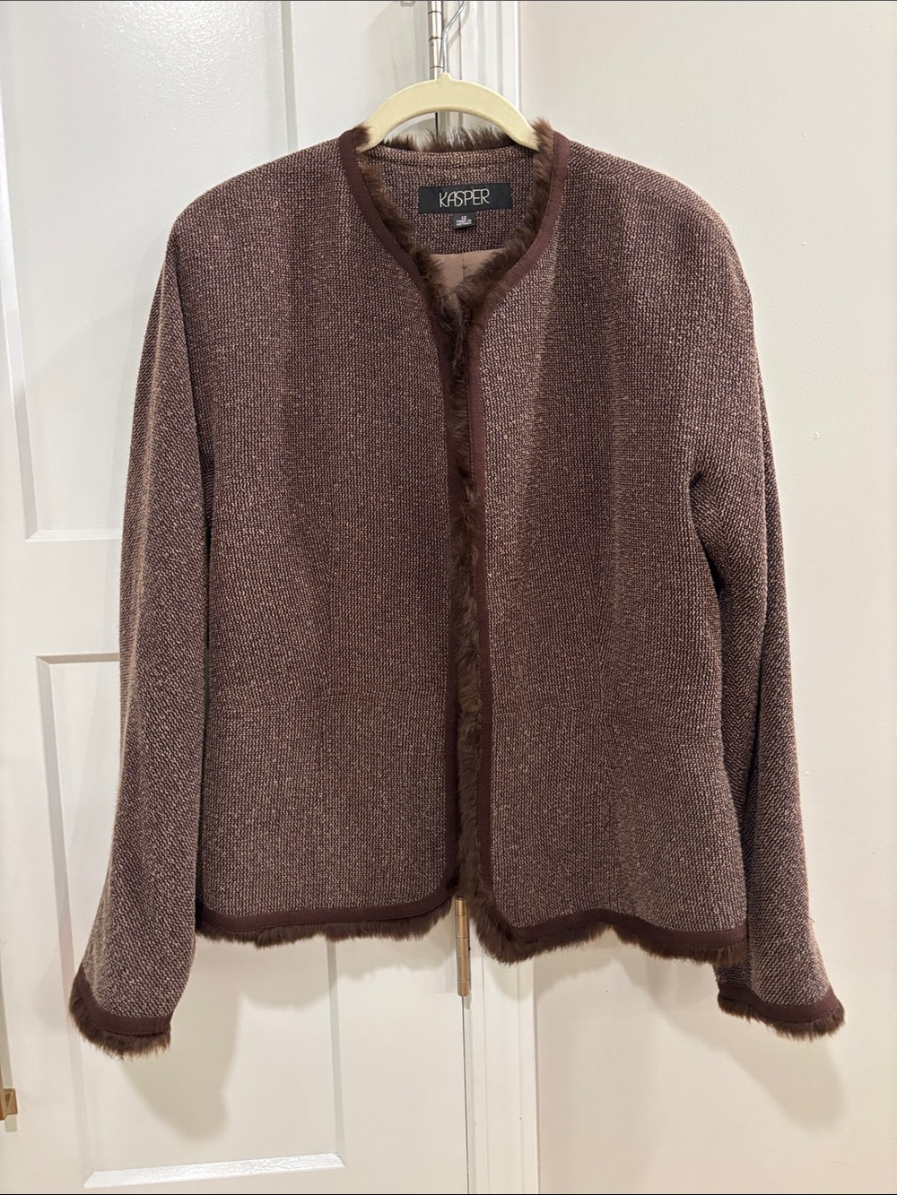 Kasper Women's Brown Knit Open-Front Jacket with Faux-Fur Trim